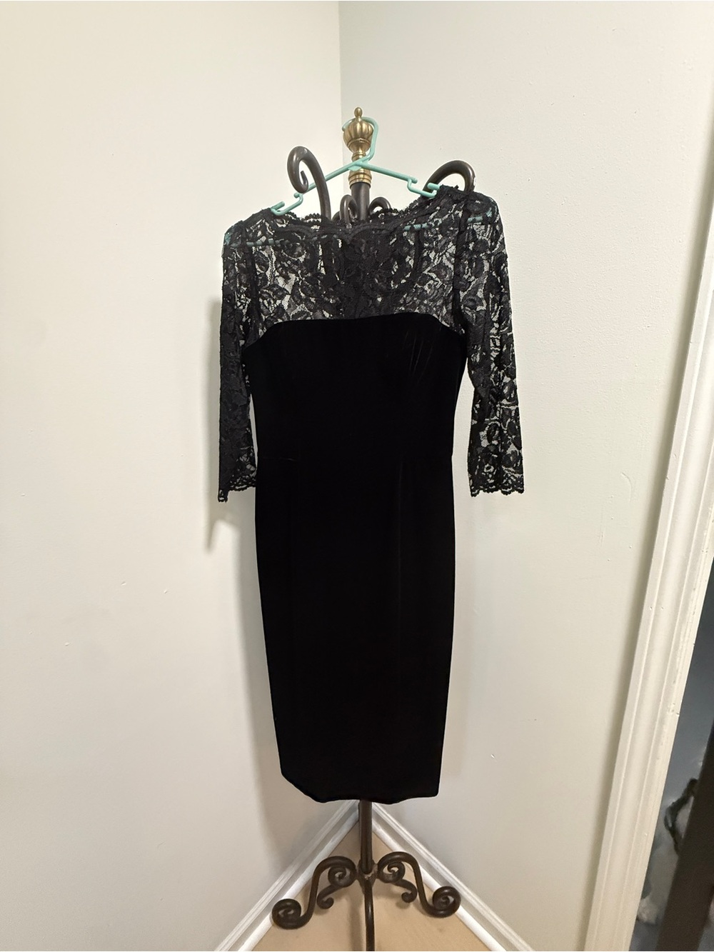 Eliza J Black Velvet Midi Dress with Lace Bodice
